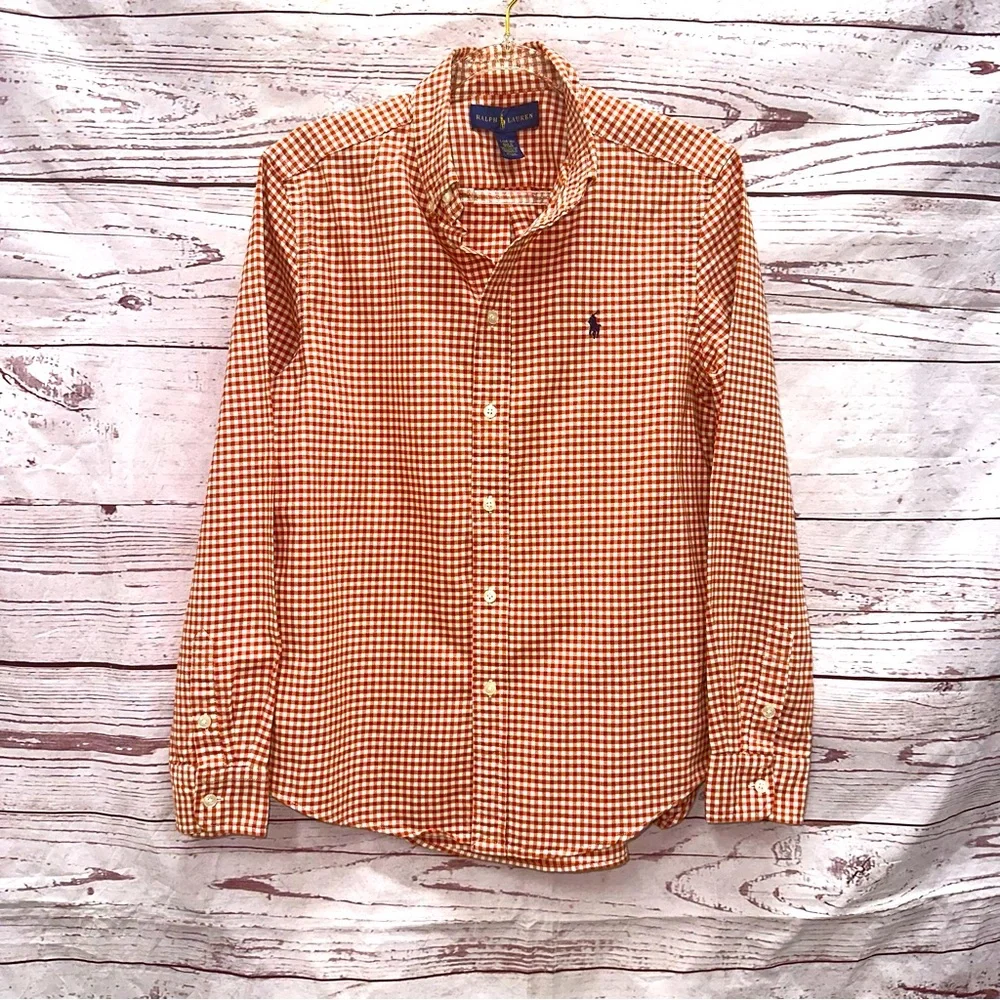 Ralph Lauren Rust & Cream Gingham Longsleeve Button Down Size Large (14-16)